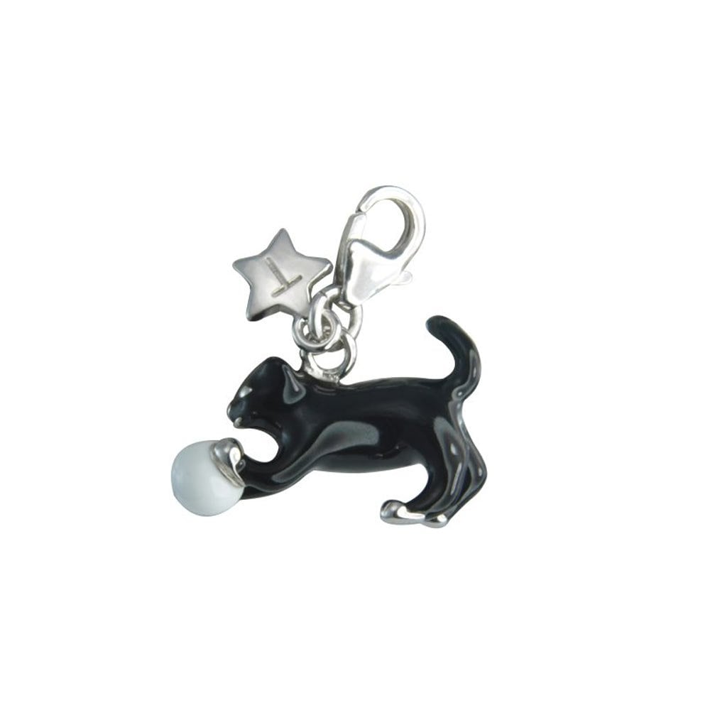 Sterling Silver Black Cat & Ball Clip on Charm SCH174