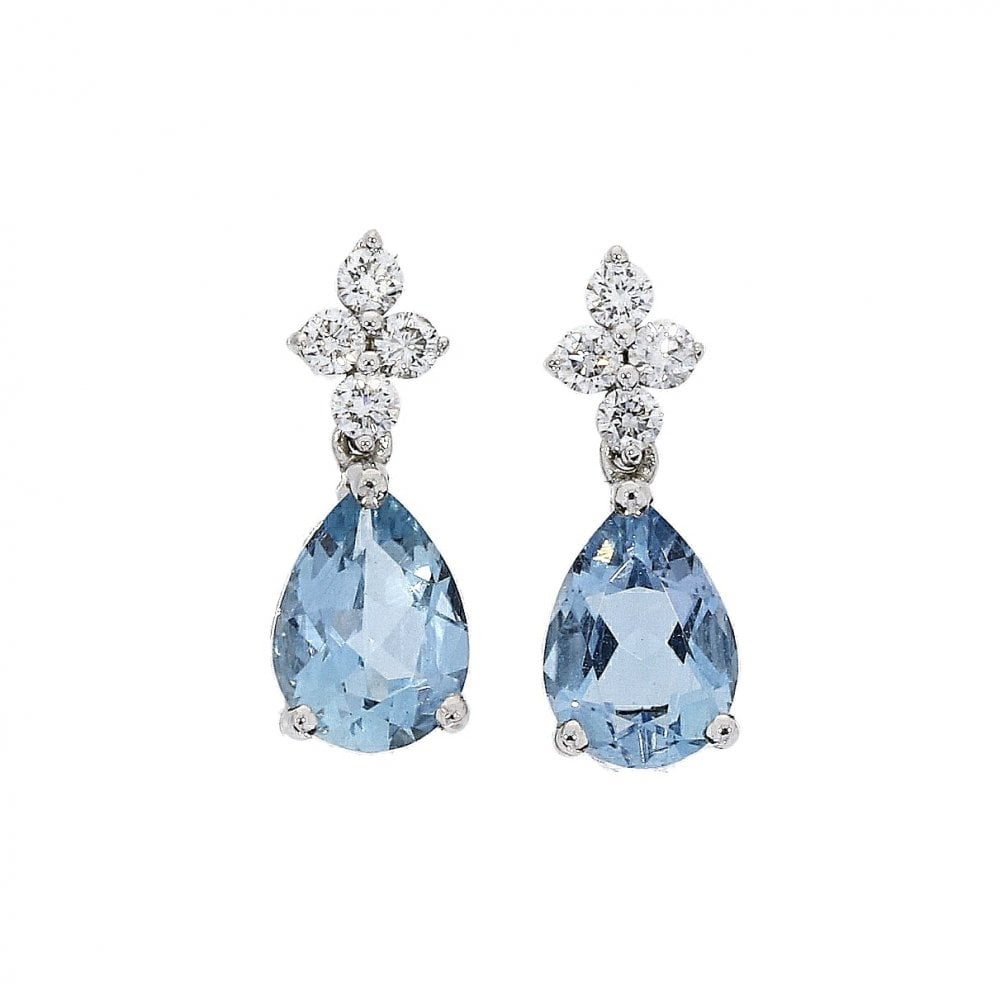 18ct White Gold Ladies Aquamarine and Diamond Drop Earrings