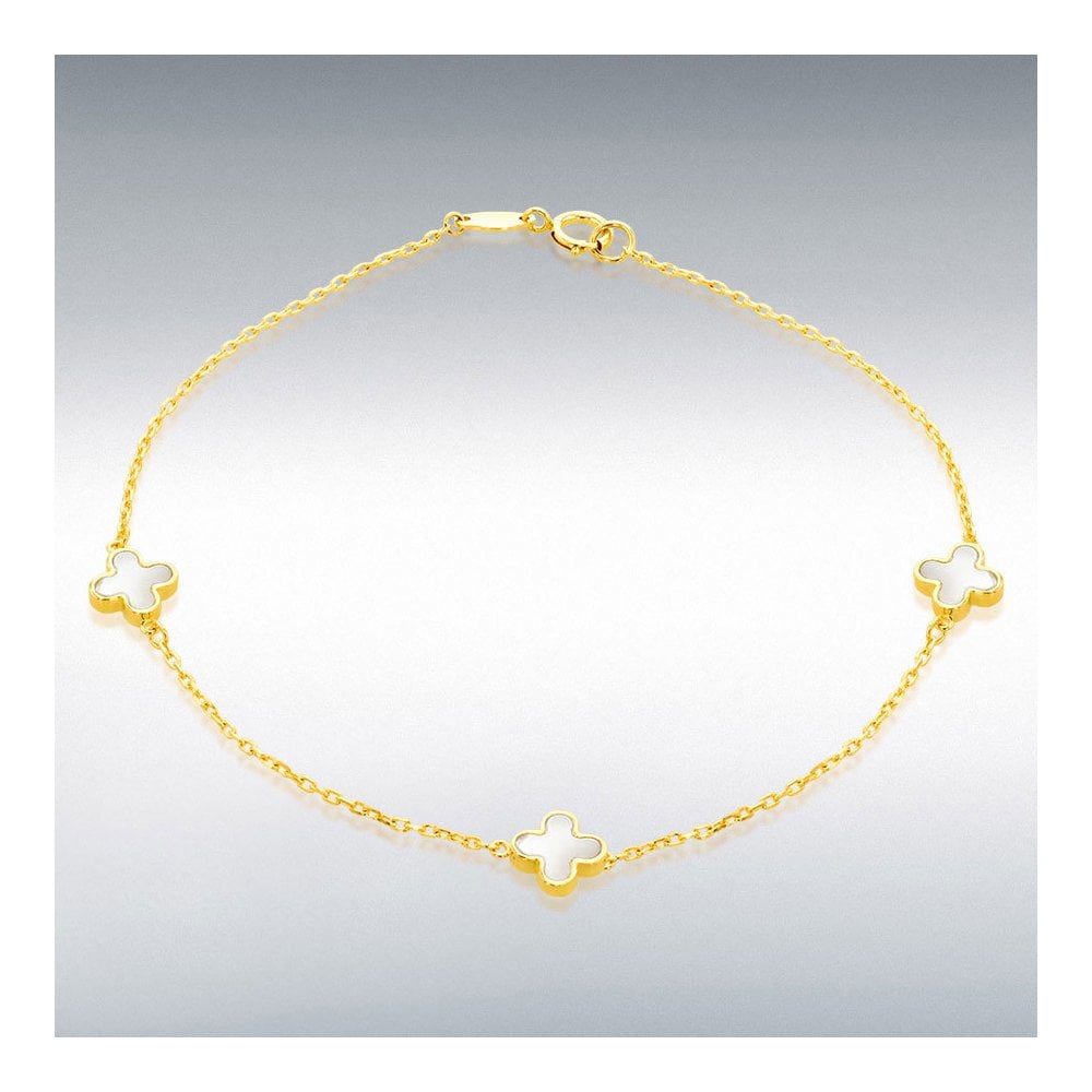 9ct Yellow Gold Mother Of Pearl Clover Petal Bracelet 19cm