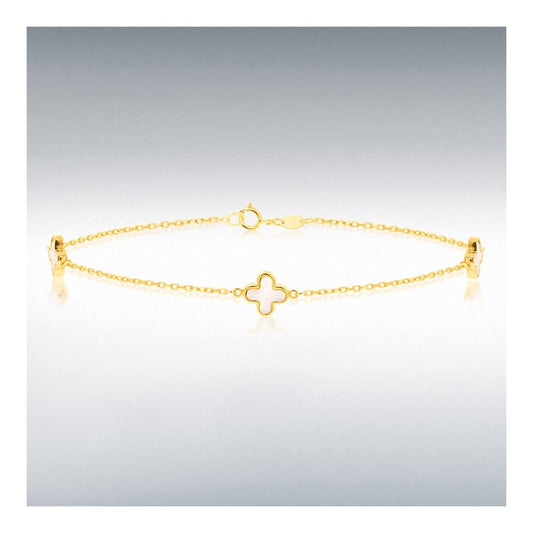 9ct Yellow Gold Mother Of Pearl Clover Petal Bracelet 19cm