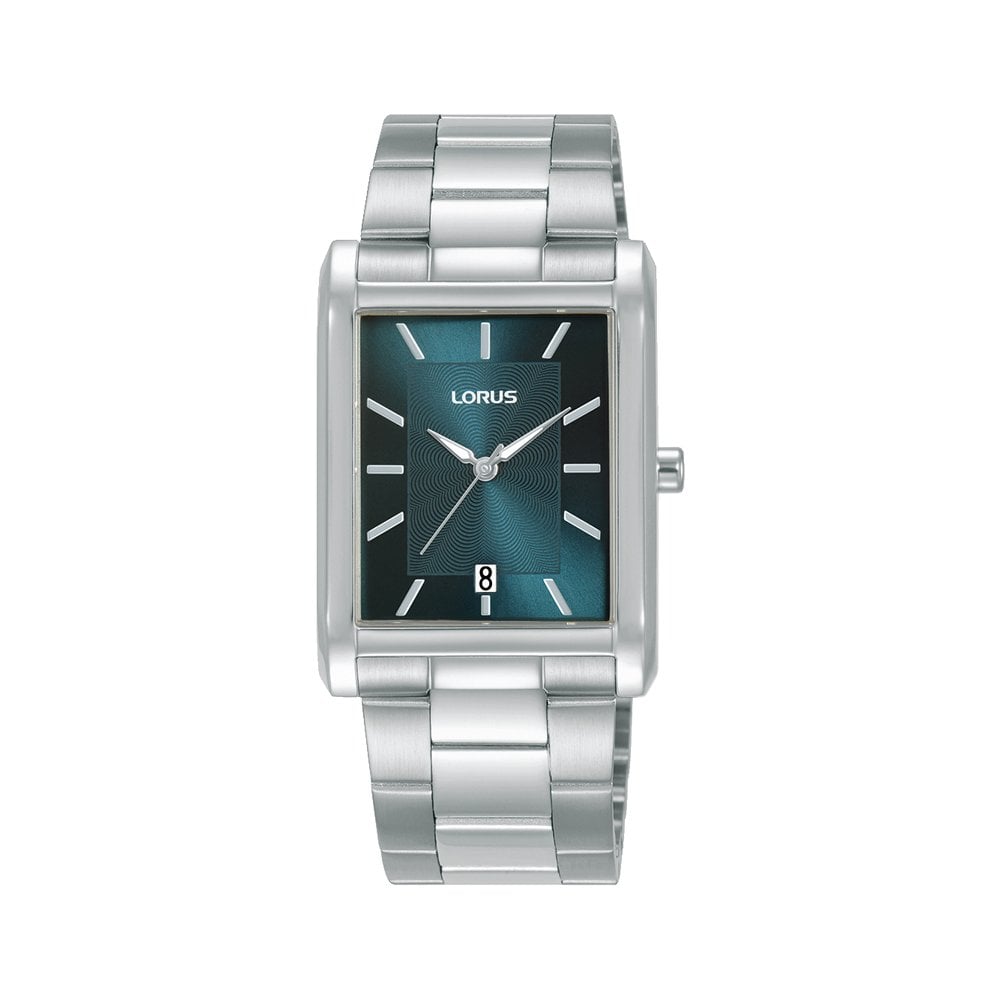Gents Quartz Rectangular Steel Watch Blue Dial & Date RH935RX9