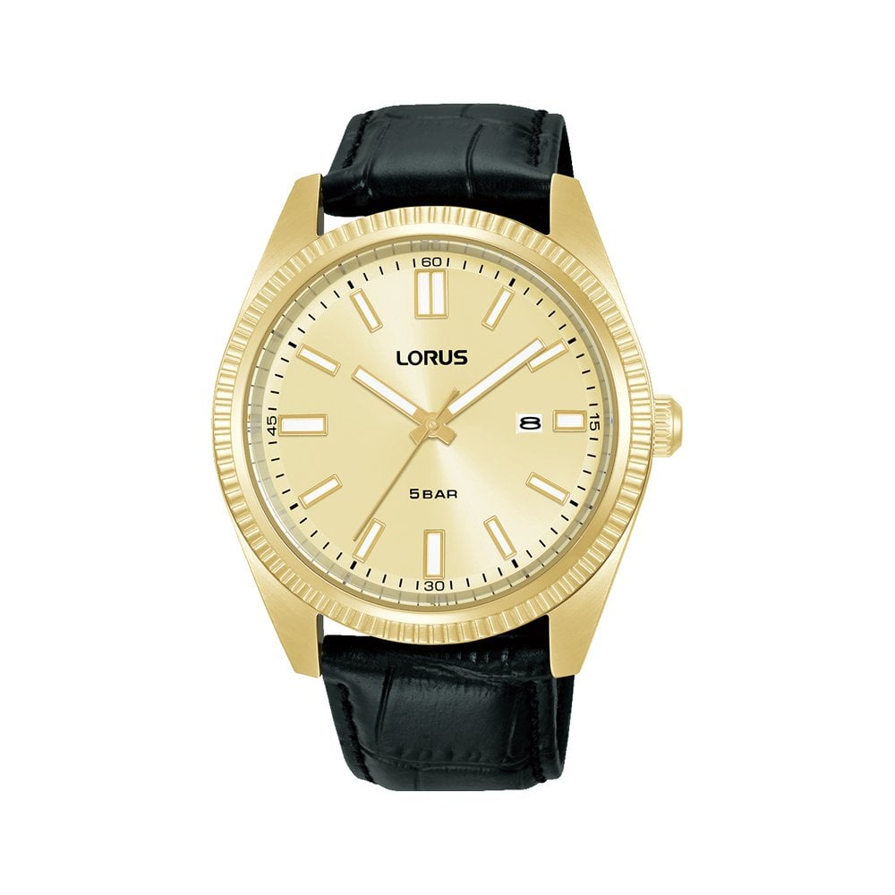 Gents Gold Tone Quartz Watch on Leather Strap Date RH976QX9
