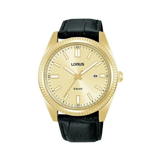 Gents Gold Tone Quartz Watch on Leather Strap Date RH976QX9