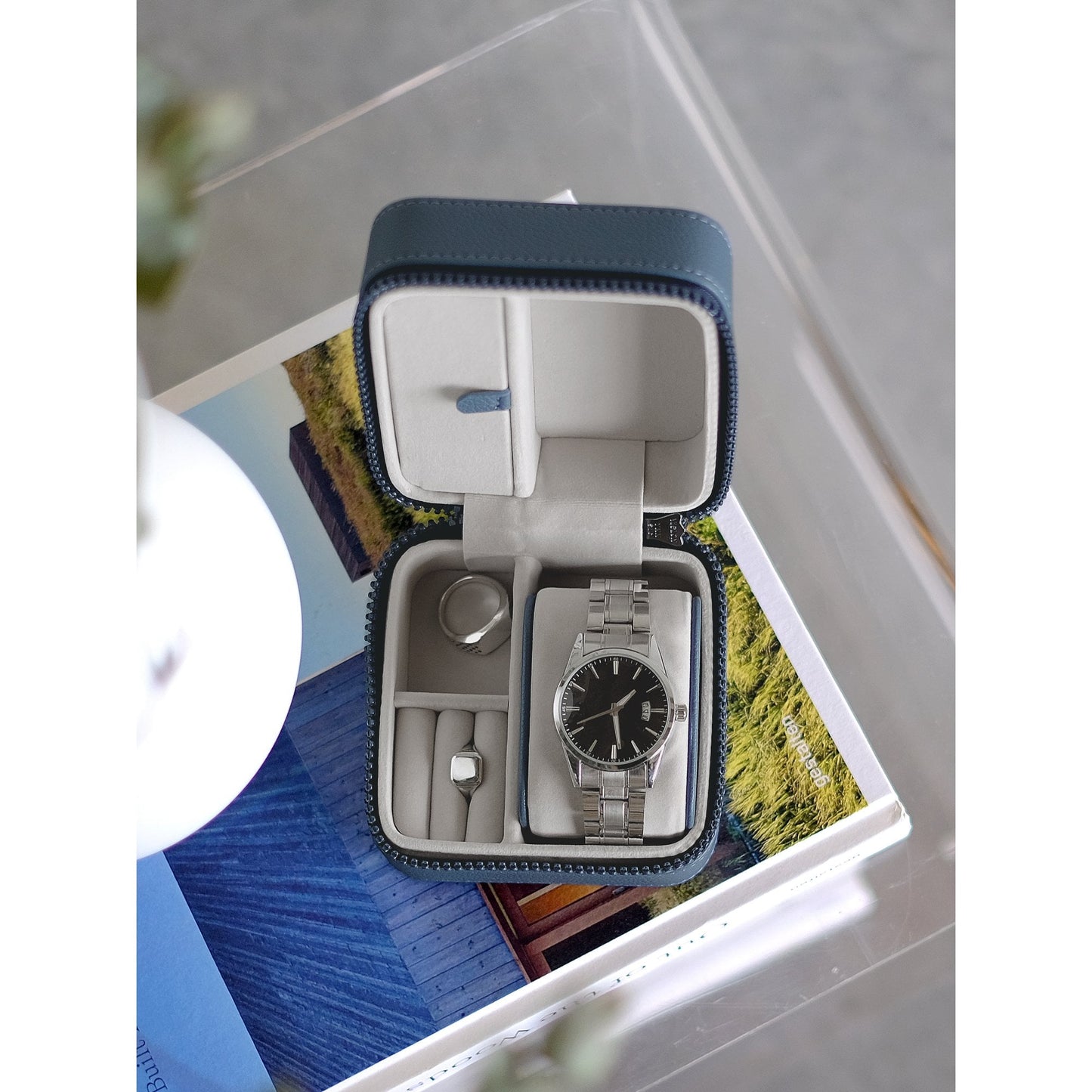 Blue Canvas Watch & Jewellery Box 76401