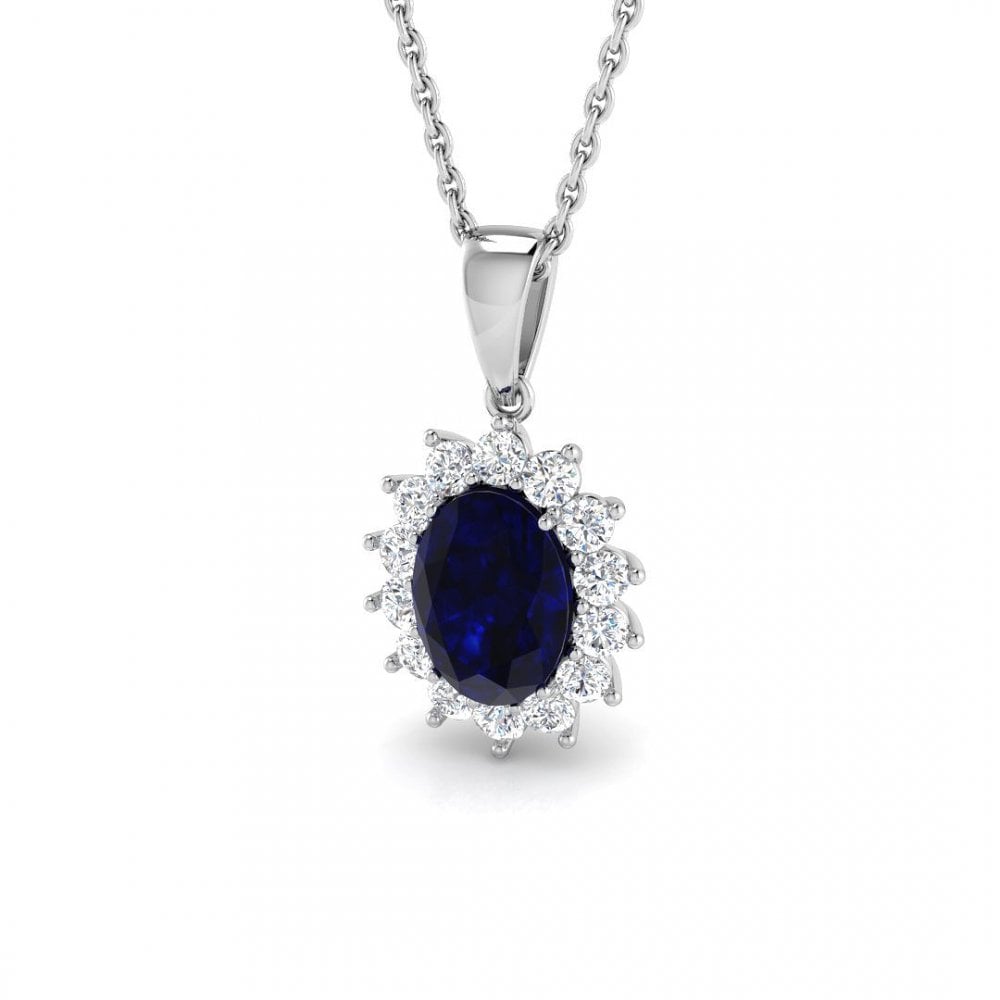18ct White Gold Ladies Diamond and Sapphire Oval Pendant