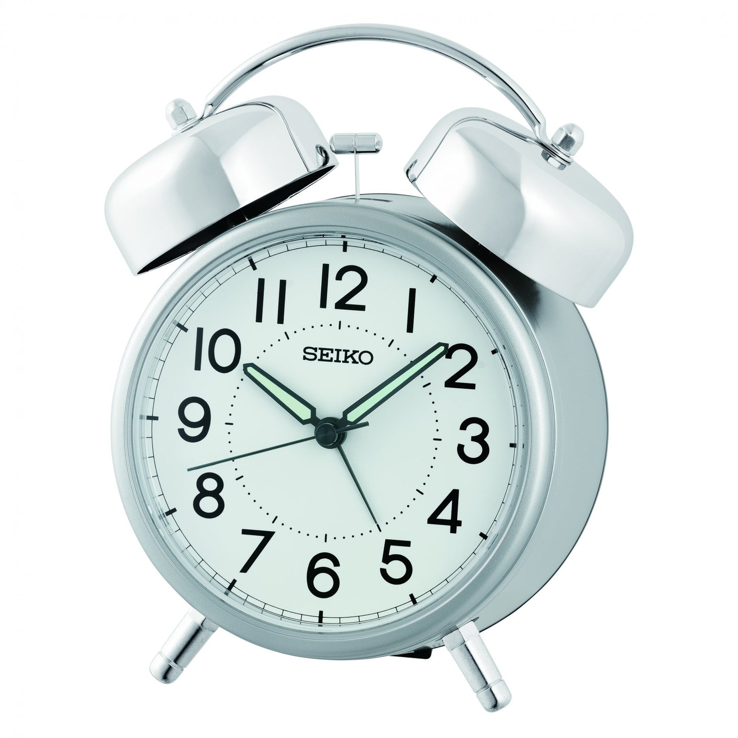 Silver Bedside Bell Alarm Clock Clear Face, Light QHK063S