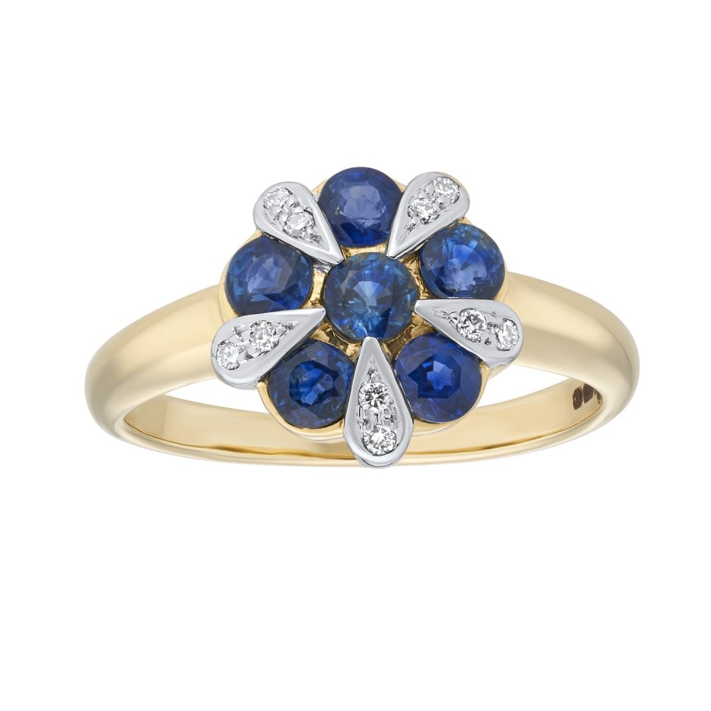 Ladies 9ct Yellow Gold Sapphire and Diamond Cluster Dress Ring