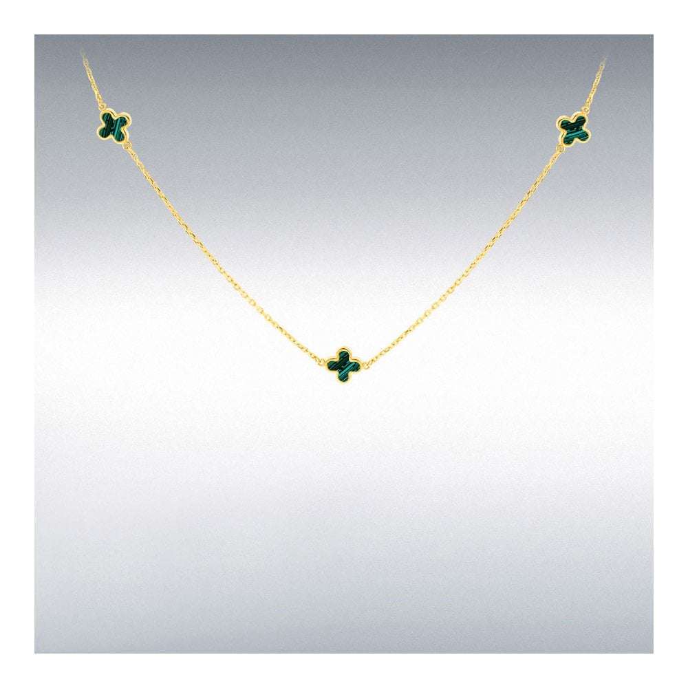 9ct Yellow Gold Malachite Clover Petals Necklace 41-43cm
