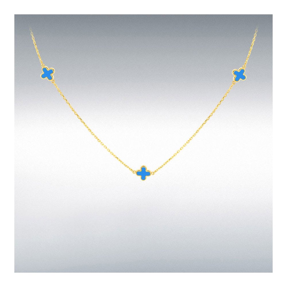 9ct Yellow Gold Turquoise Clover Petals Necklace 41-43cm