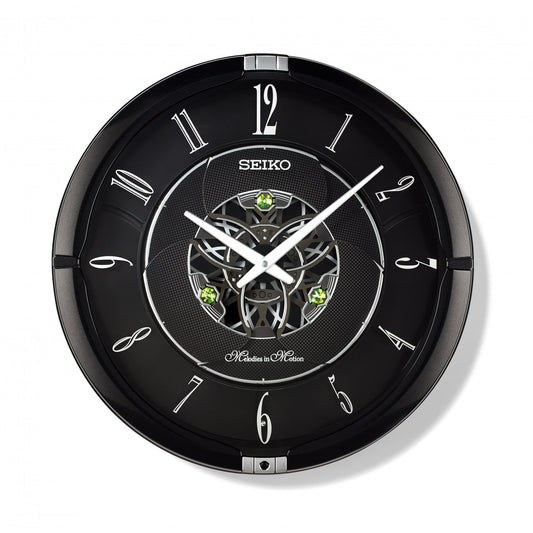 QXM621K Seiko Melodies in Motion Black Quartz Battery Wall Clock with Night Silent and Volume Control