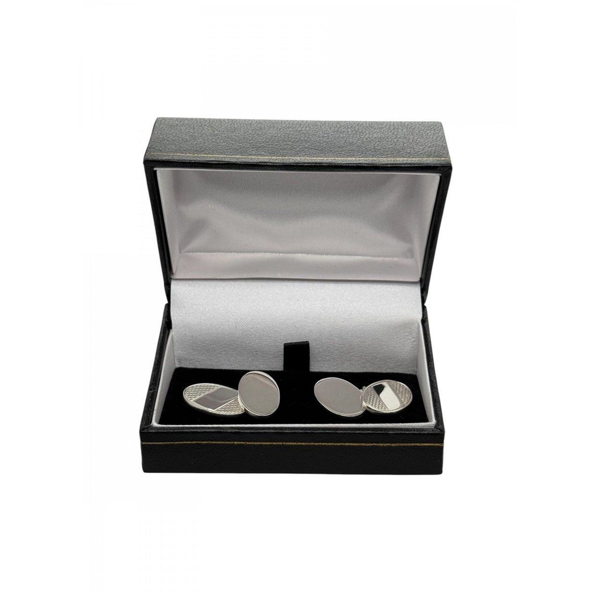 Sterling Silver Gents Half Engine Turned Cufflinks with Chain.