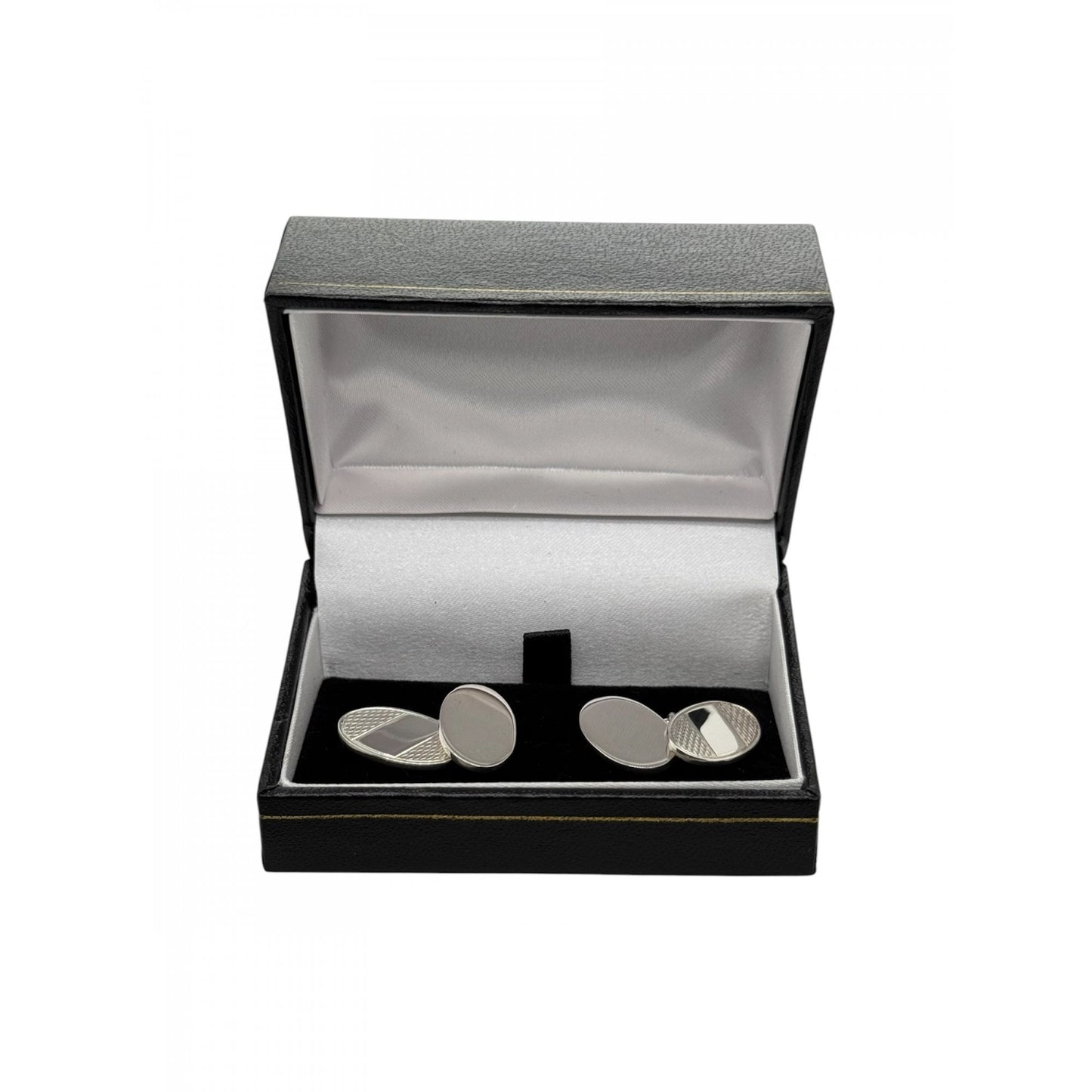Sterling Silver Gents Half Engine Turned Cufflinks with Chain.