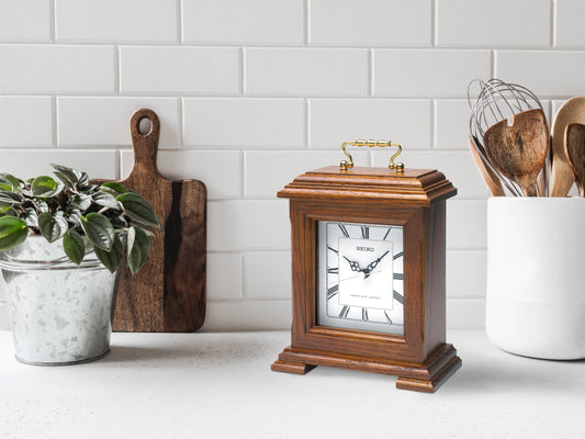 QXR130B Seiko Radio Controlled Oak Mantel Clock with Roman Numeral Dial 