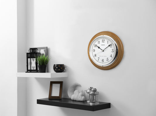 QXR129S Seiko Pine Wooden Radio Controlled Quartz Battery Wall Clock with Clear Arabic Numbers Lounge, Living Room, Hallway, Kitchen