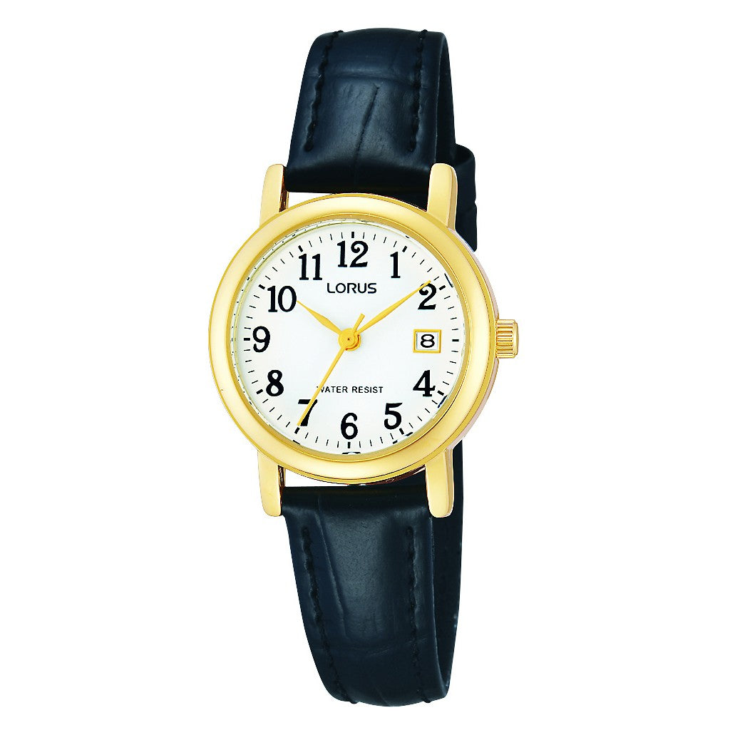 Lorus Gold Tone Ladies Battery Watch on Black Leather Strap with Date RH764AX5 Main