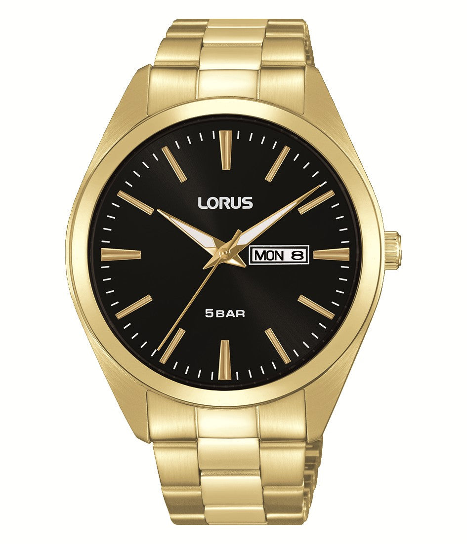 Lorus Gents Gold Tone Steel Everyday Battery Watch on Bracelet with Day and Date RJ666AX9F Black Dial