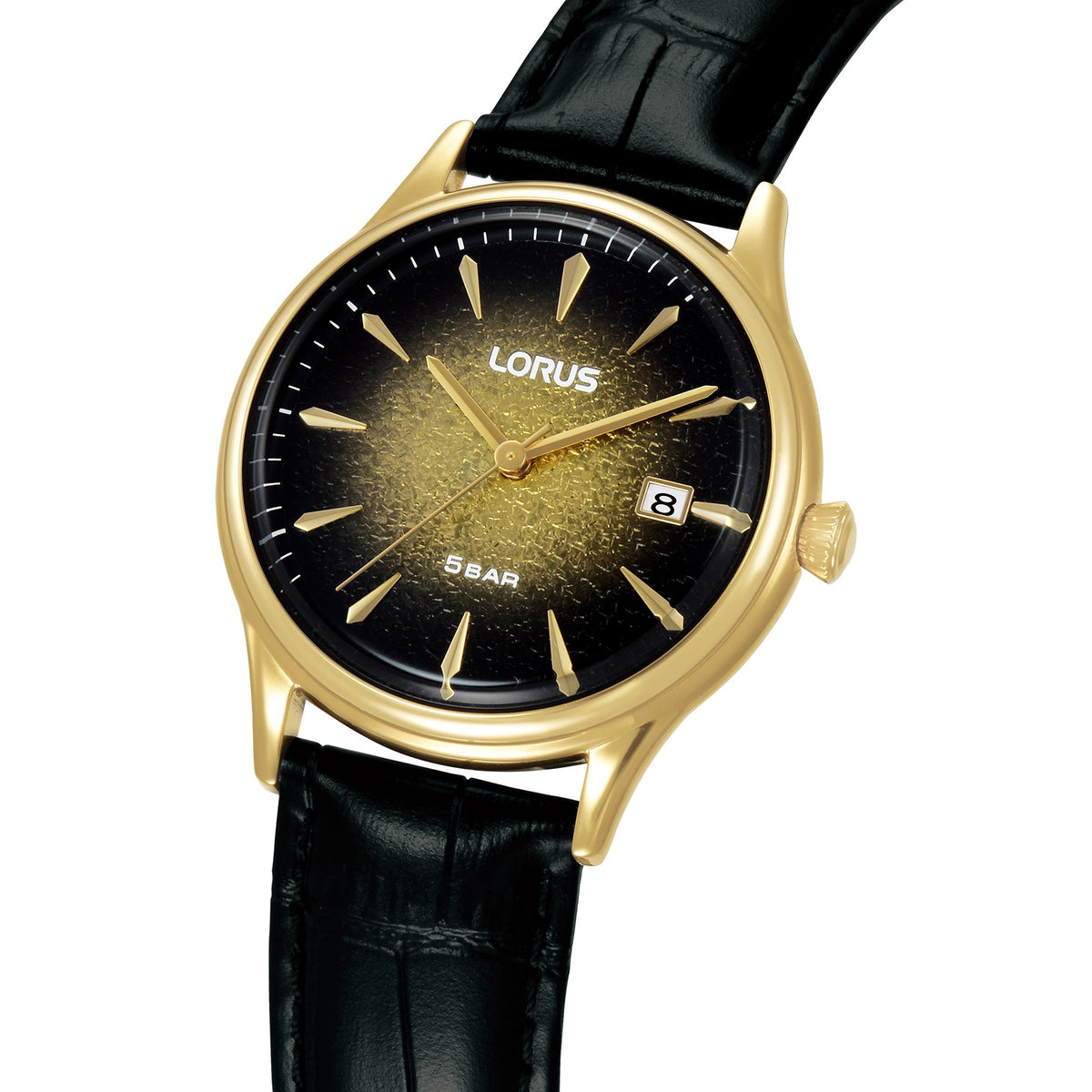 Lorus Gold Tone Battery Watch on Black Leather Strap with Date RS902EX9 Black And Gold 