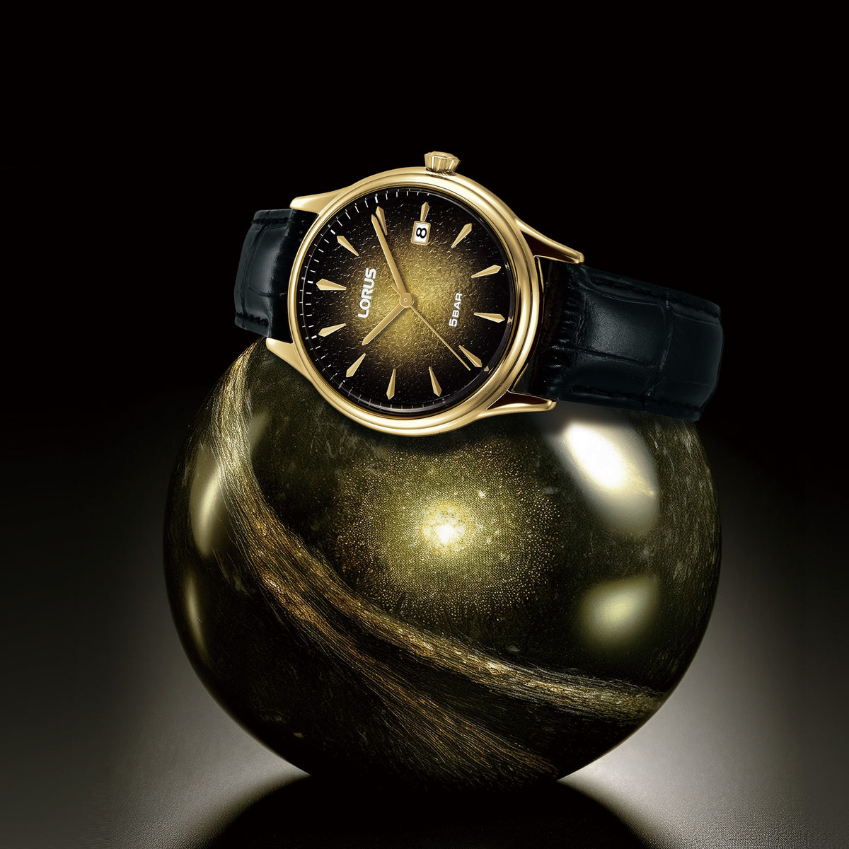 Lorus Gold Tone Battery Watch on Black Leather Strap with Date RS902EX9 Media