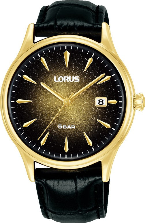 Lorus Gold Tone Battery Watch on Black Leather Strap with Date RS902EX9 Main