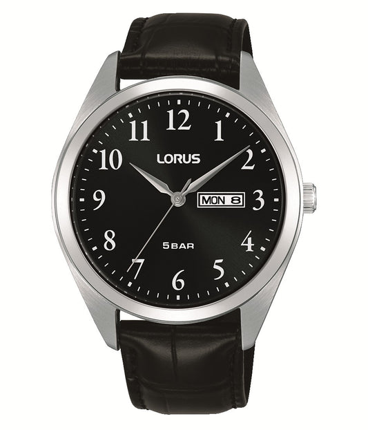 Lorus Gents Stainless Steel Quartz Battery Watch on Black Leather Strap with Day and Date RJ671AX9 Main