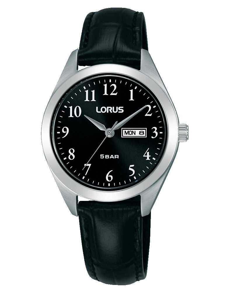 RN805AX9 Lorus Ladies Stainless Steel Quartz Battery Watch on Black Leather Strap with Day and Date