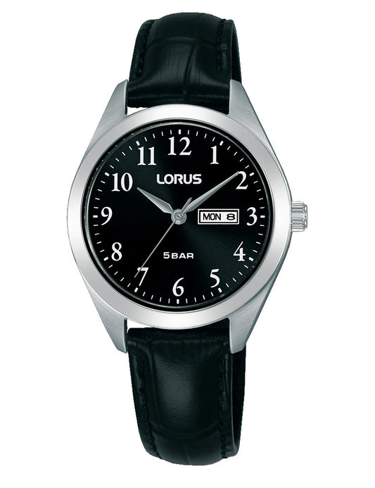RN805AX9 Lorus Ladies Stainless Steel Quartz Battery Watch on Black Leather Strap with Day and Date