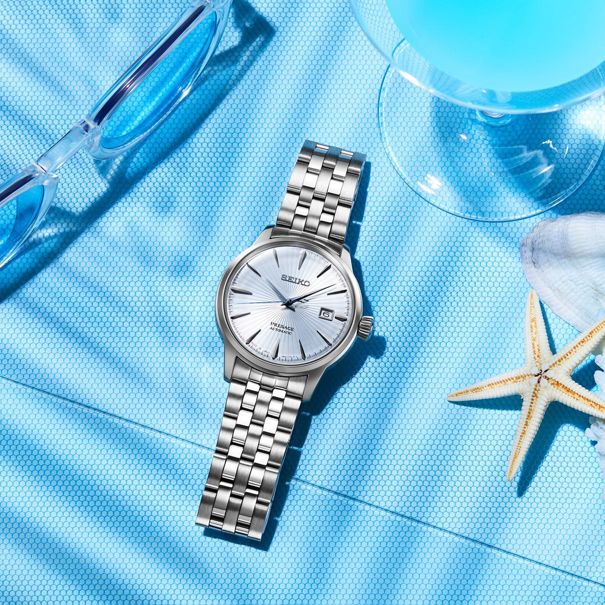 SRPE19J1 SEIKO PRESAGE WATCH GENTS STAINLESS STEEL EVERYDAY ON BRACELET WITH DATE AND BLUE DIAL SKYDIVING LIFESTYLE