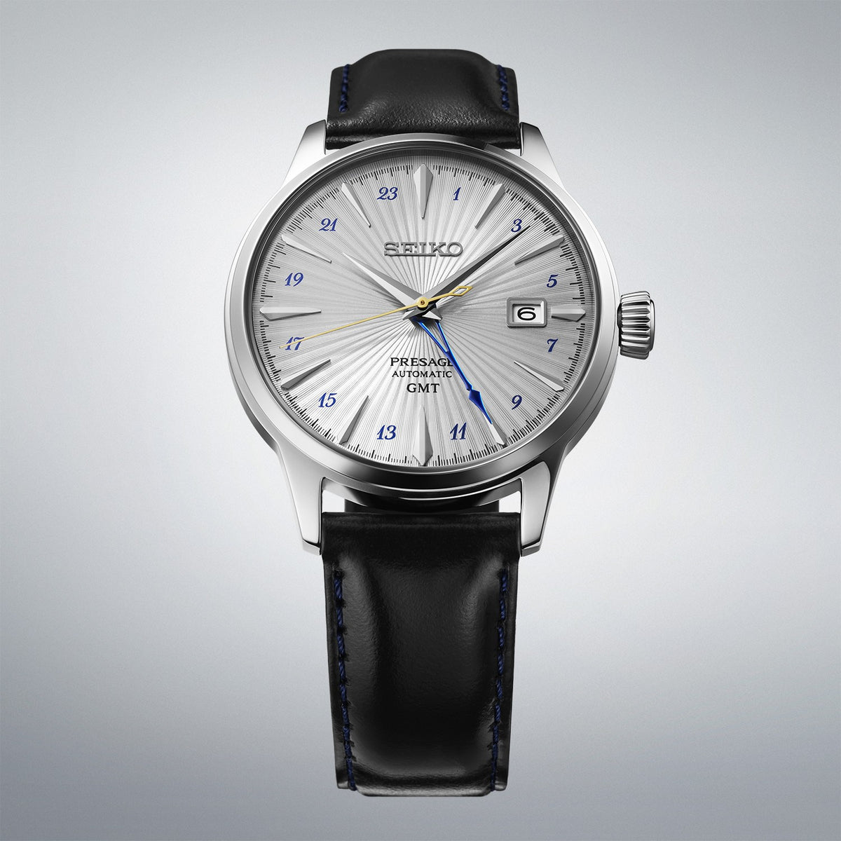 Seiko Presage Gents Stainless Steel GMT Automatic Cocktail Watch on Leather Strap 'Silver Bullet' SSK049J1