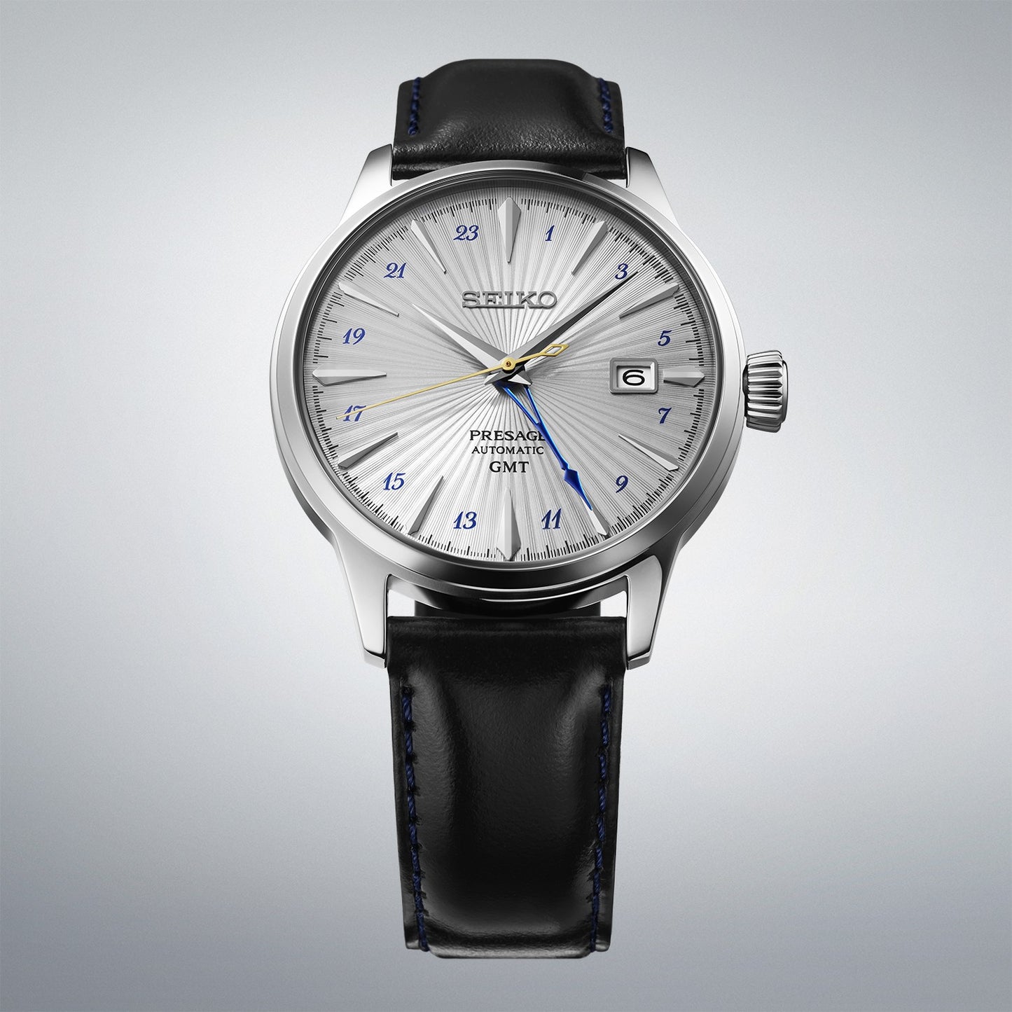 Seiko Presage Gents Stainless Steel GMT Automatic Cocktail Watch on Leather Strap 'Silver Bullet' SSK049J1