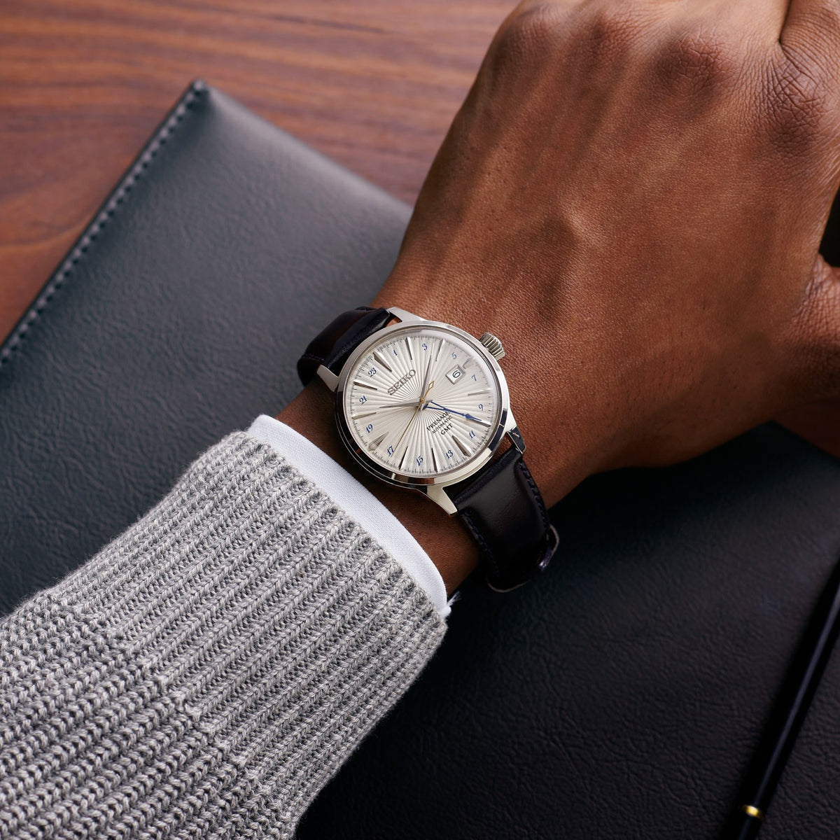 Seiko Presage Gents Stainless Steel GMT Automatic Cocktail Watch on Leather Strap 'Silver Bullet' SSK049J1