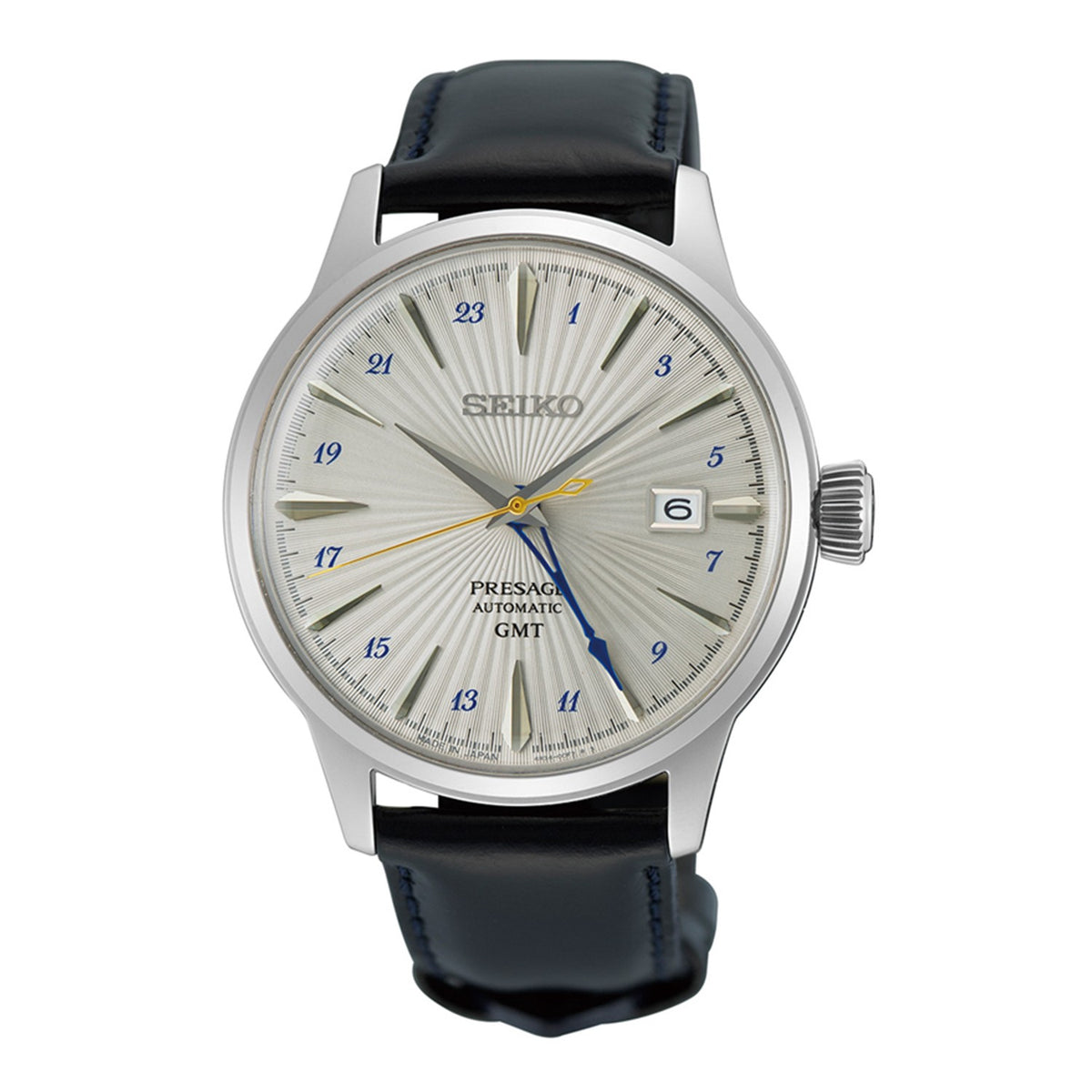 Seiko Presage Gents Stainless Steel GMT Automatic Cocktail Watch on Leather Strap 'Silver Bullet' SSK049J1