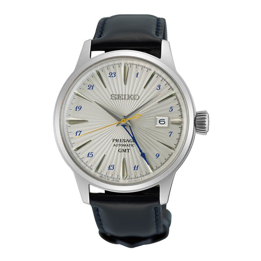 Seiko Presage Gents Stainless Steel GMT Automatic Cocktail Watch on Leather Strap 'Silver Bullet' SSK049J1