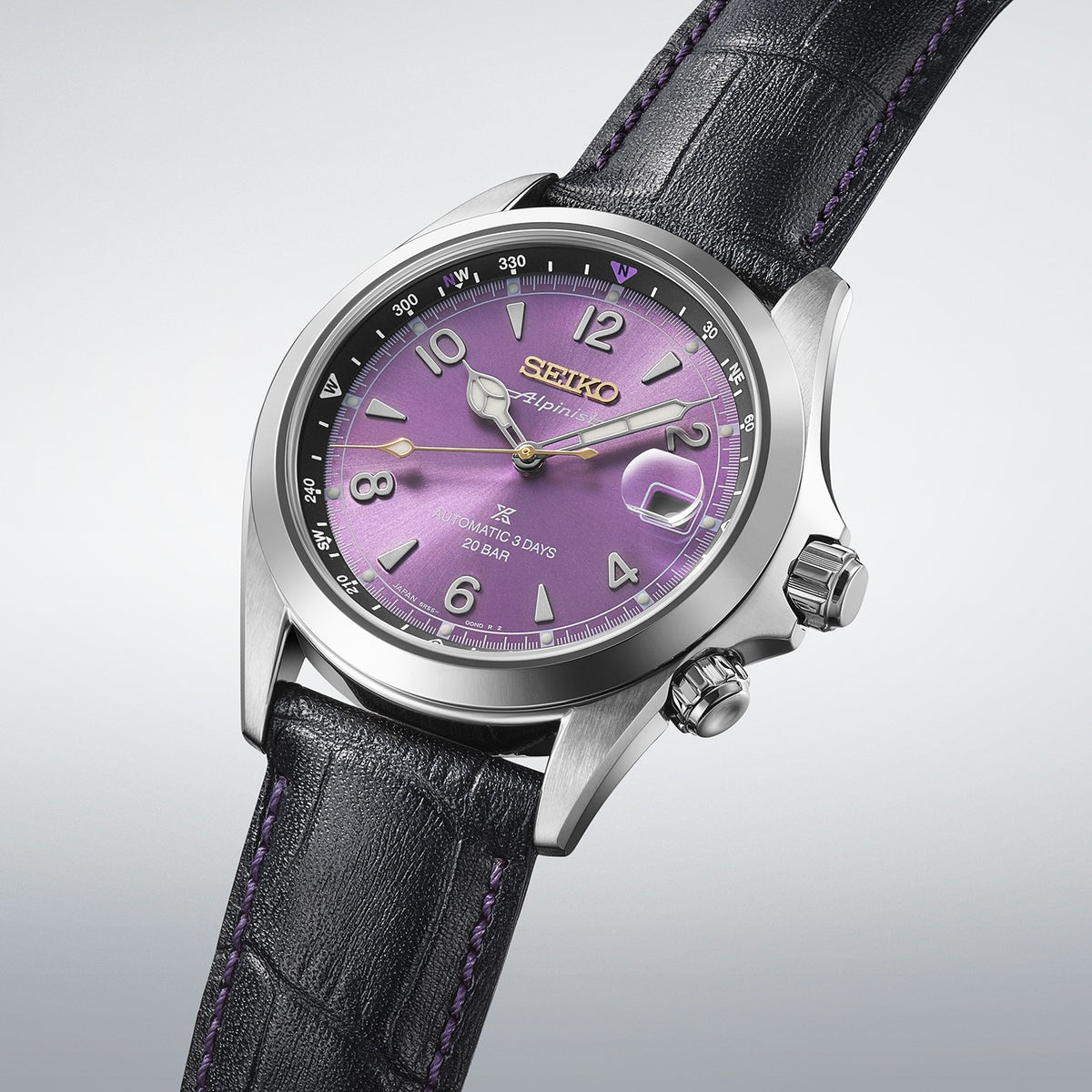 HCB006J1 Seiko Prospex 145th Anniversary 200m Diver's Automatic Limited Edition Watch on Leather Strap with Date in 'Edo Purple' Angle