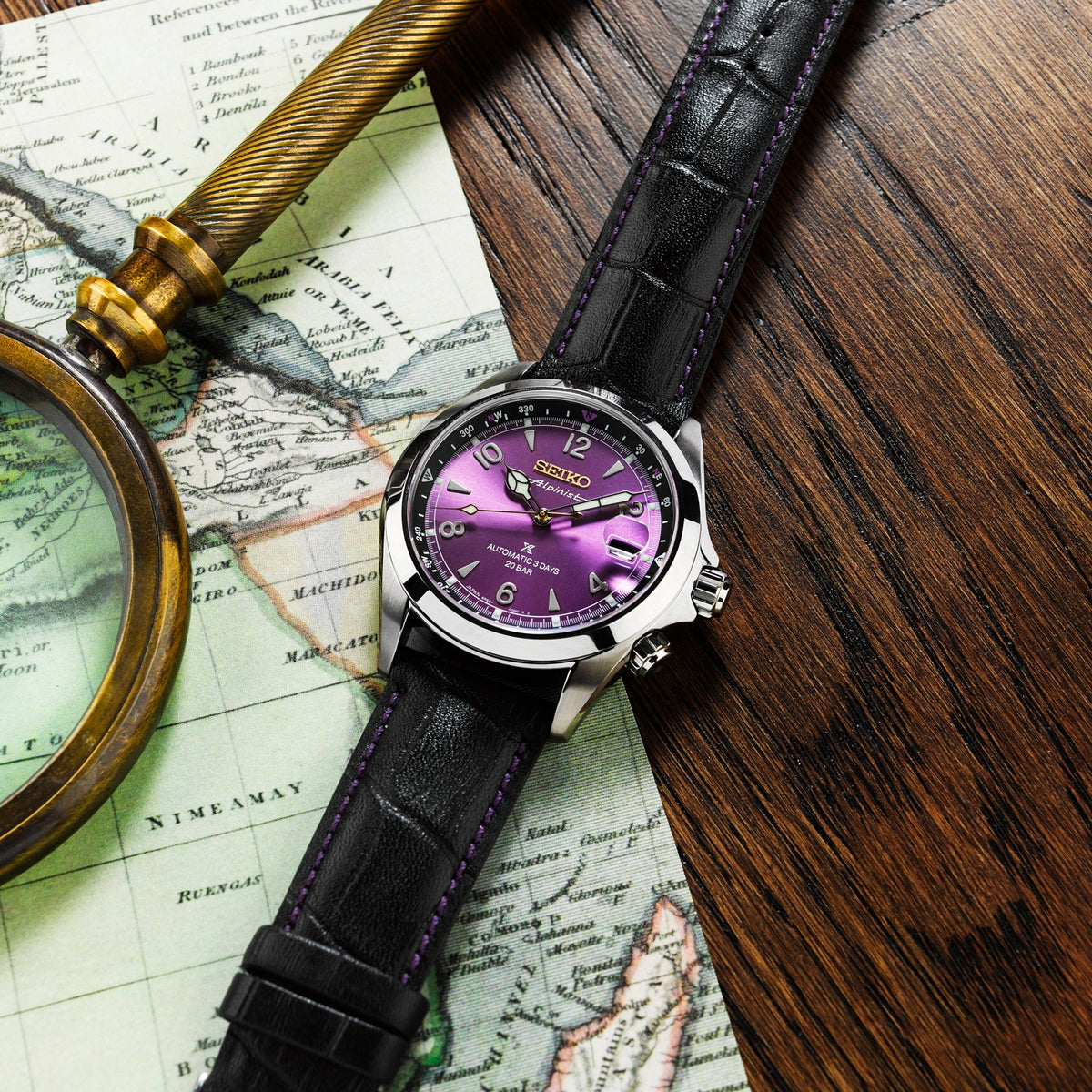 HCB006J1 Seiko Prospex 145th Anniversary 200m Diver's Automatic Limited Edition Watch on Leather Strap with Date in 'Edo Purple' Angle