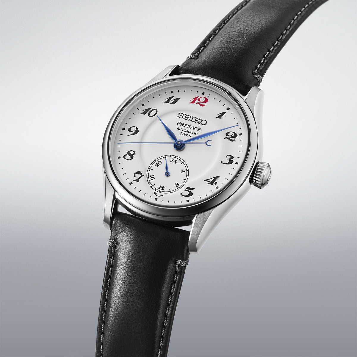 HCC005J1 Seiko Presage Gents Classic Series ‘Craftsmanship’ Stainless Steel Watch on Leather Strap with Enamel Dial Laurel Angle