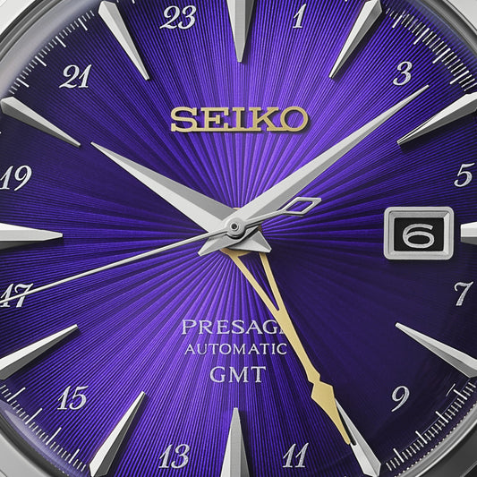 HCB006J1 Seiko Presage Cocktail Time 145th Anniversary Gents Stainless Steel Automatic GMT Limited Edition Watch in Edo Purple Dial