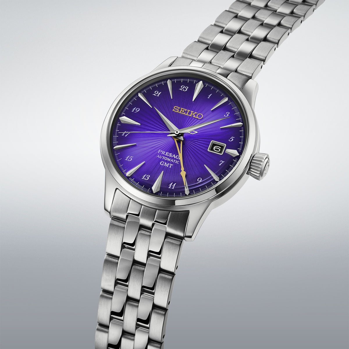 HCB006J1 Seiko Presage Cocktail Time 145th Anniversary Gents Stainless Steel Automatic GMT Limited Edition Watch in Edo Purple Angle