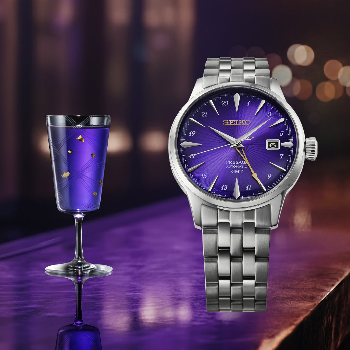 HCB006J1 Seiko Presage Cocktail Time 145th Anniversary Gents Stainless Steel Automatic GMT Limited Edition Watch in Edo Purple Cocktail