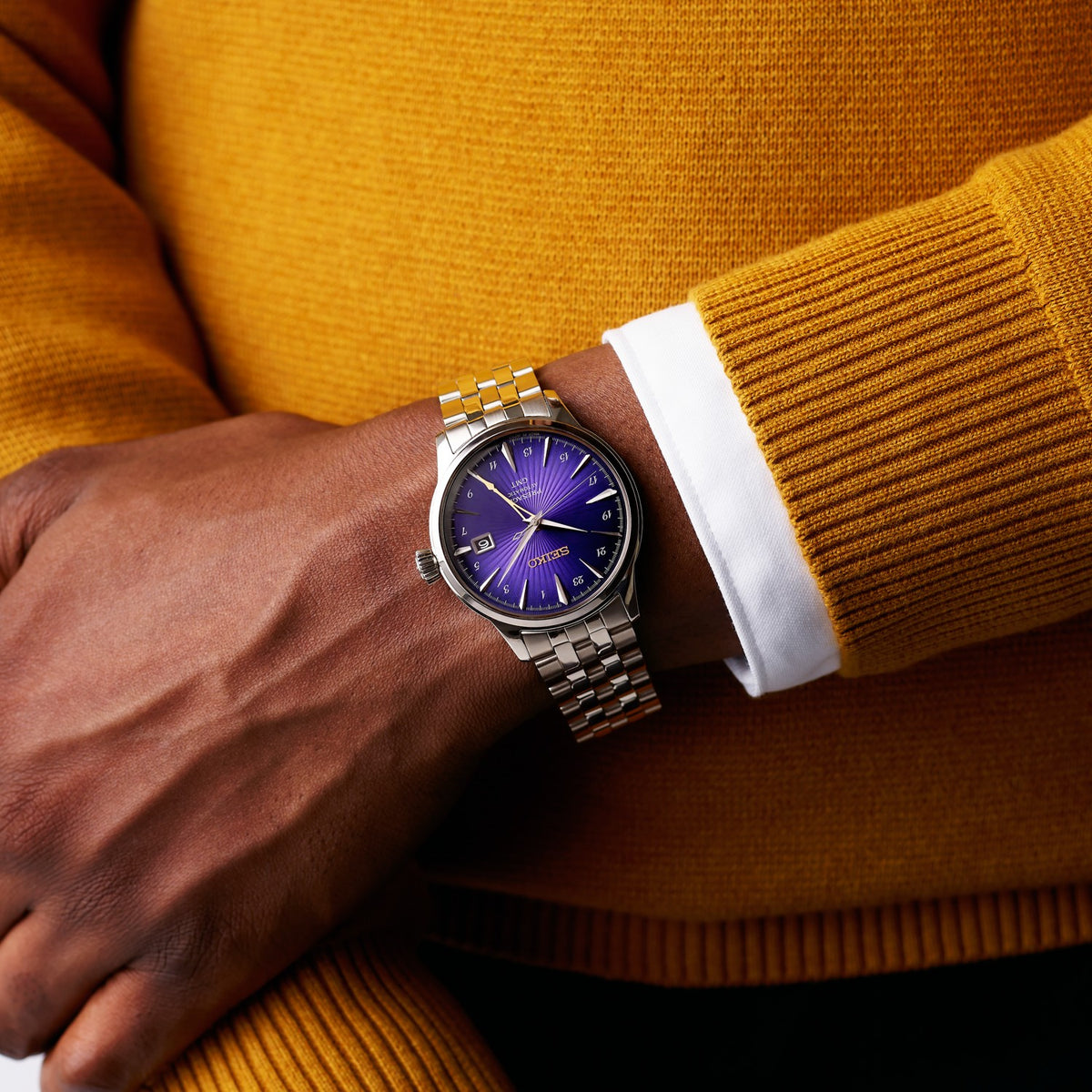 HCB006J1 Seiko Presage Cocktail Time 145th Anniversary Gents Stainless Steel Automatic GMT Limited Edition Watch in Edo Purple Wrist