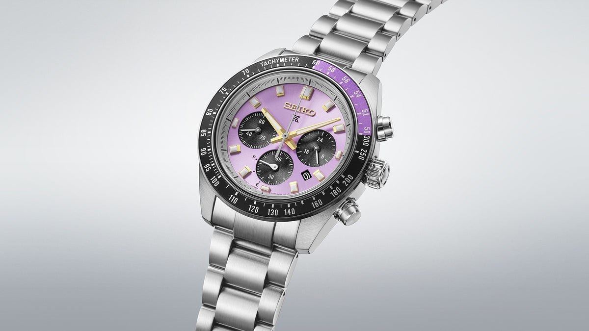 HBJ005P1 Seiko Prospex Gents Stainless Steel 145th Anniversary Speedtimer Solar Chronograph Limited Edition Watch in Edo Purple with Date on Bracelet Angle