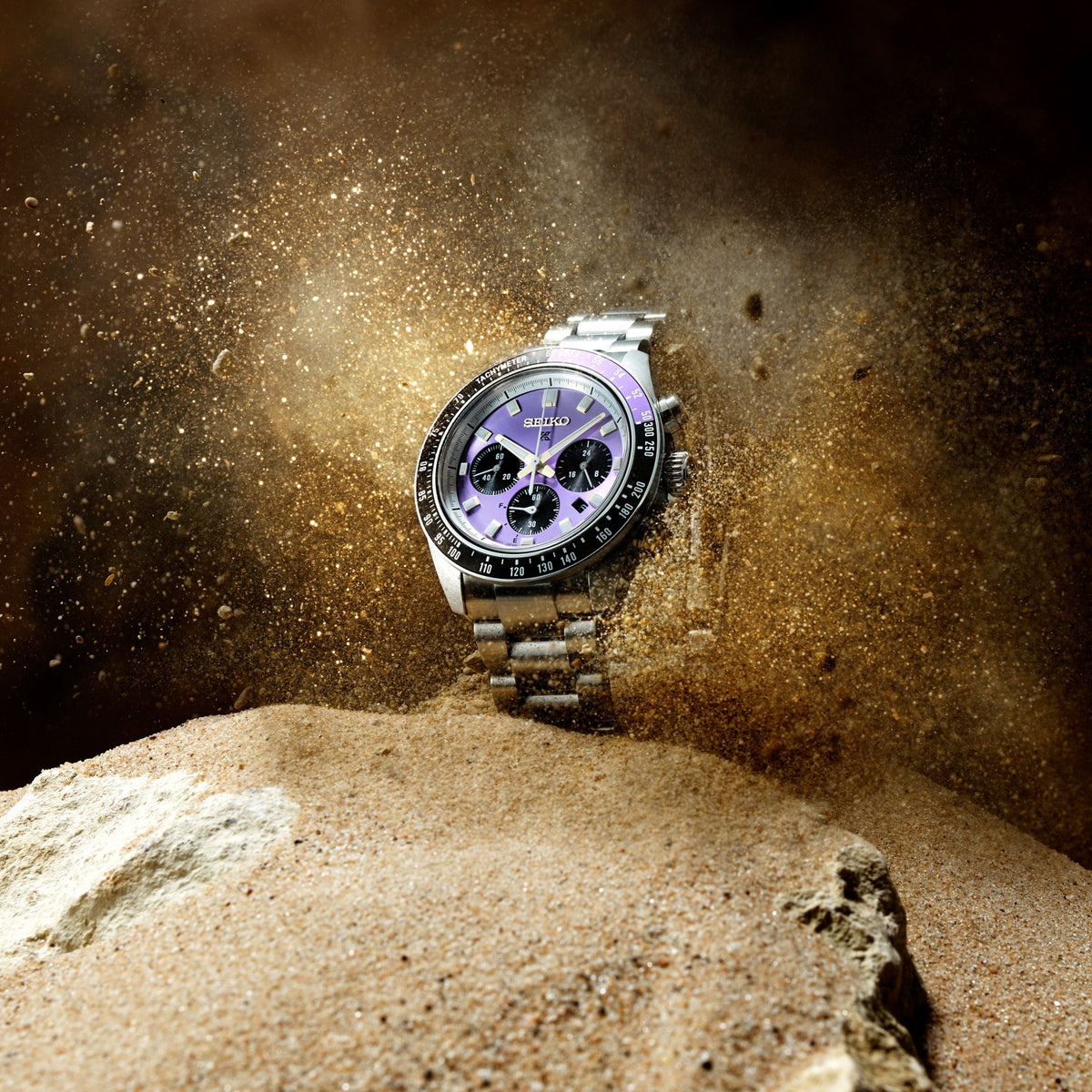 HBJ005P1 Seiko Prospex Gents Stainless Steel 145th Anniversary Speedtimer Solar Chronograph Limited Edition Watch in Edo Purple with Date on Bracelet Outdoors