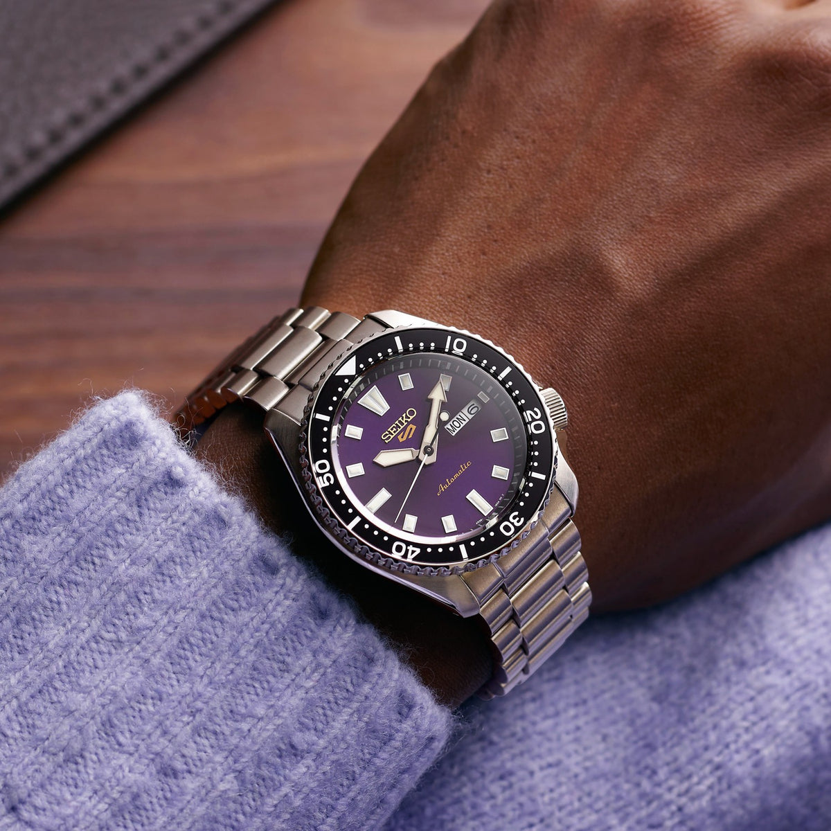 HDB003K1 Seiko 5 Sports Gents 145th Anniversary Limited Edition Automatic Watch in Edo Purple on wrist