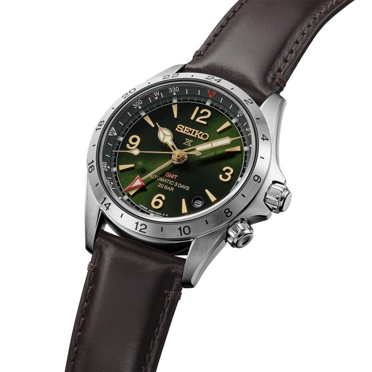 HBC007J1 Seiko Prospex Gents GMT Automatic Watch on Leather Strap Alpinist Angle
