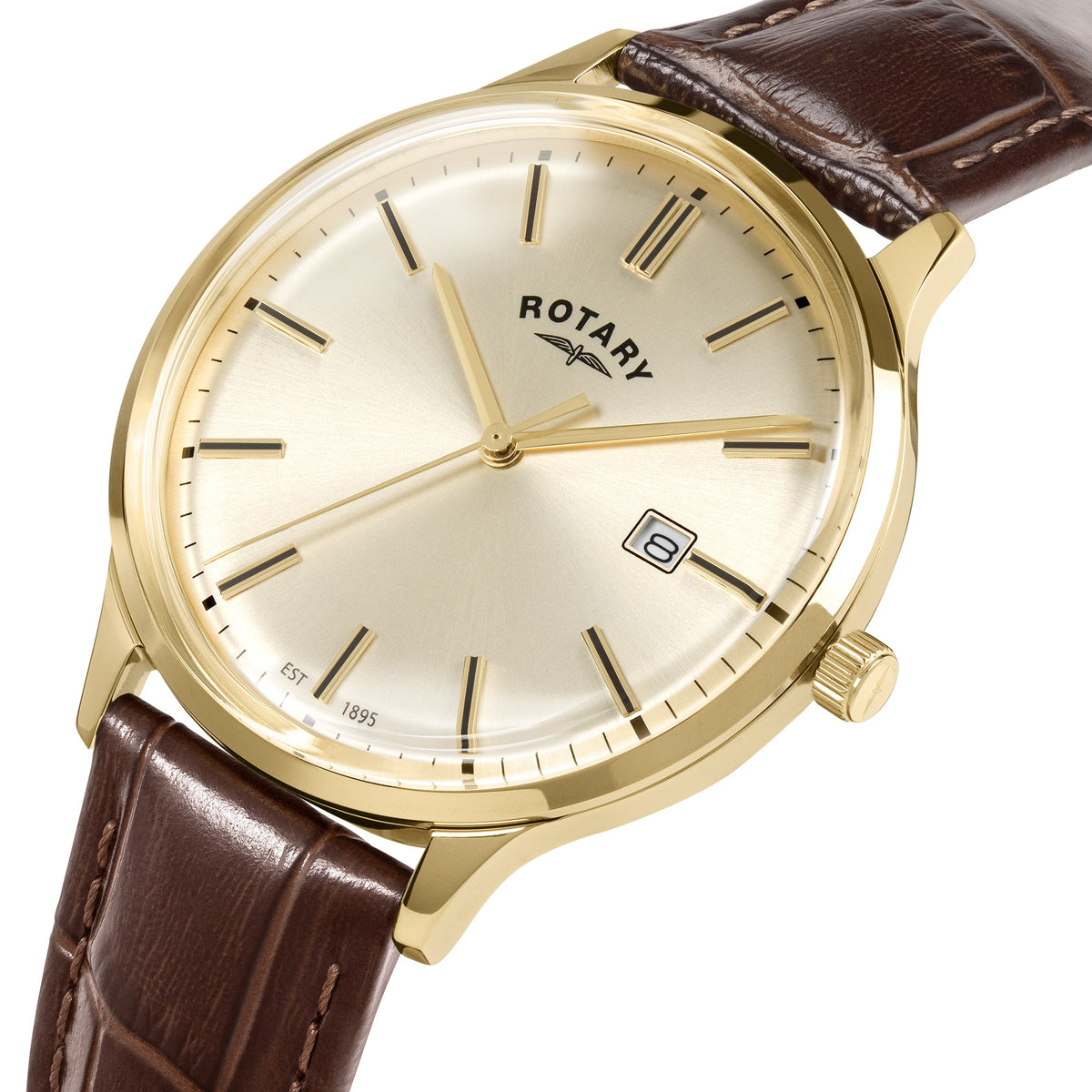Rotary Gents Gold Tone Watch on Leather Strap with Date RGS10013/03 Baton Indices