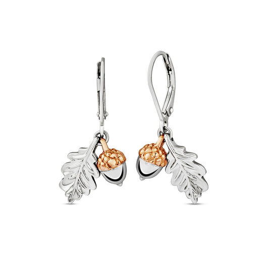 3SROY910 Clogau Sterling Silver and Welsh Gold Ladies Royal Oak Leaf Drop Earrings