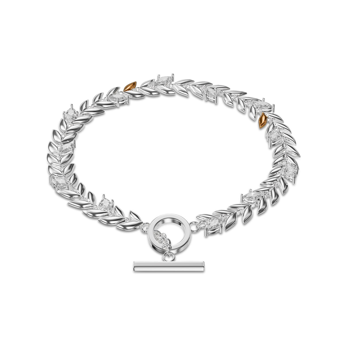 3SROY1404 Clogau Sterling Silver and Welsh Gold Ladies Leaf T-Bar Bracelet with Swarovski