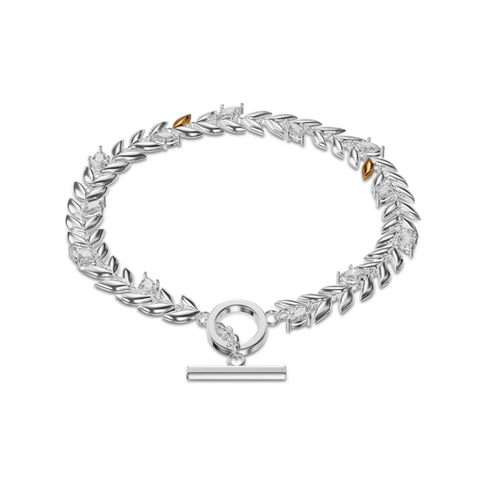 3SROY1404 Clogau Sterling Silver and Welsh Gold Ladies Leaf T-Bar Bracelet with Swarovski