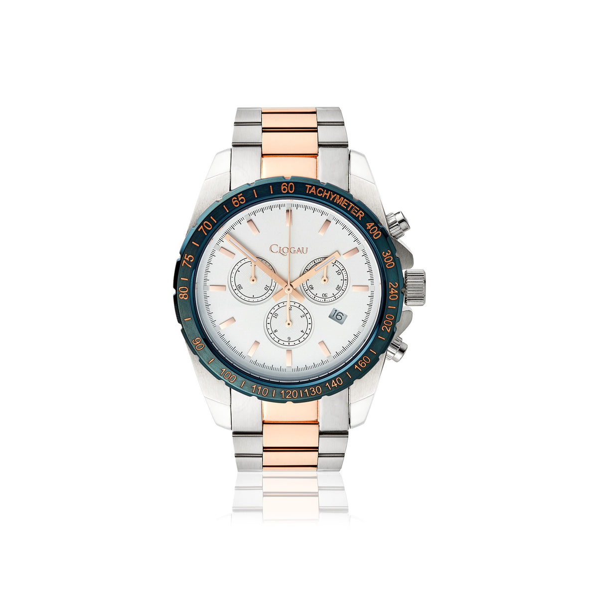 4S00026 Clogau Gents Stainless Steel and Rose Gold Tone Quartz Battery Chronograph Watch on Bracelet Brenig